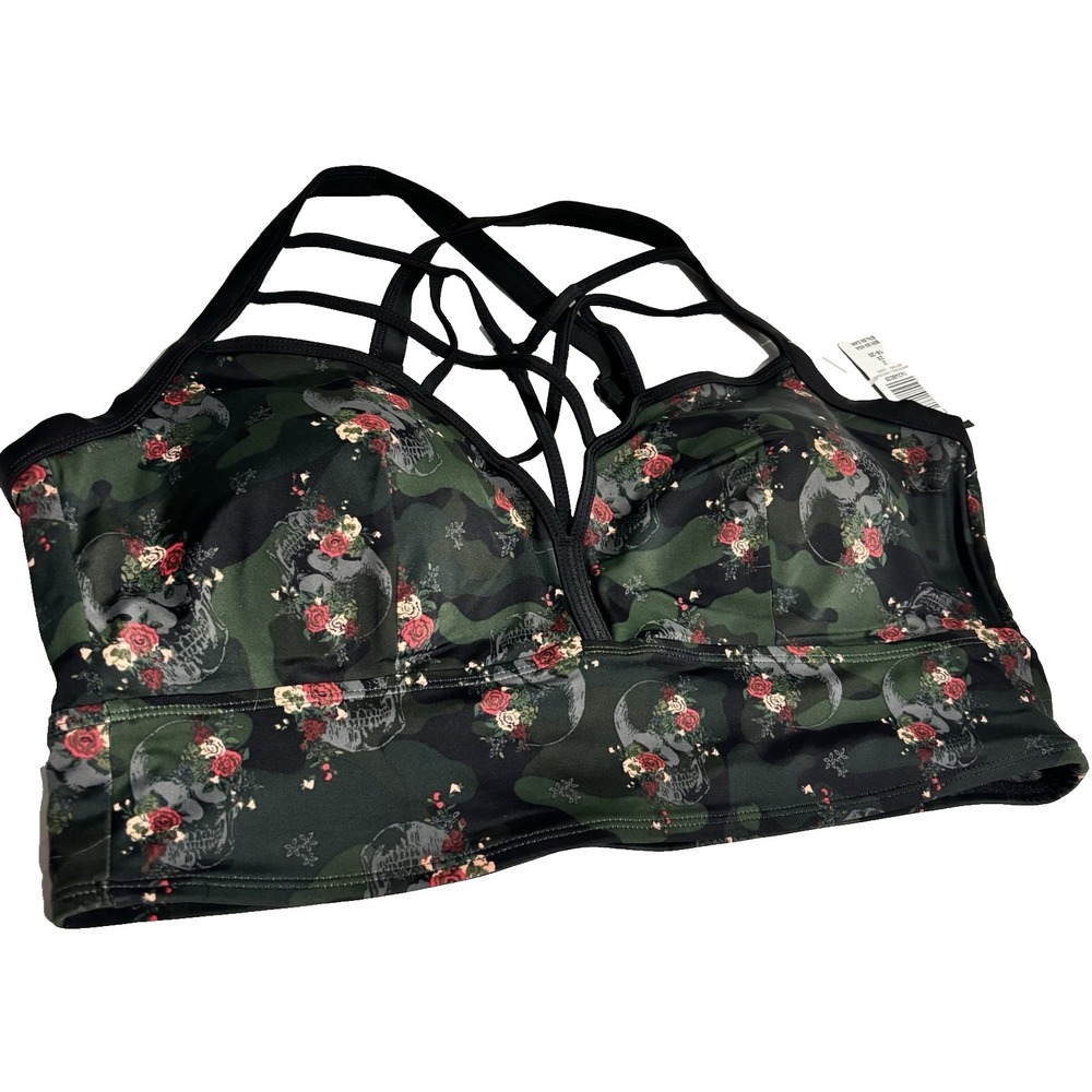Torrid‎ Strappy Cross Front Bikini Top Traditional Roses Skulls Black 2X NWT